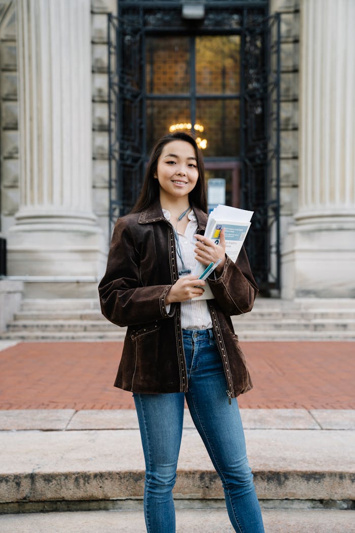 services-01 Confident female student holding papers in front of an ornate historic building.